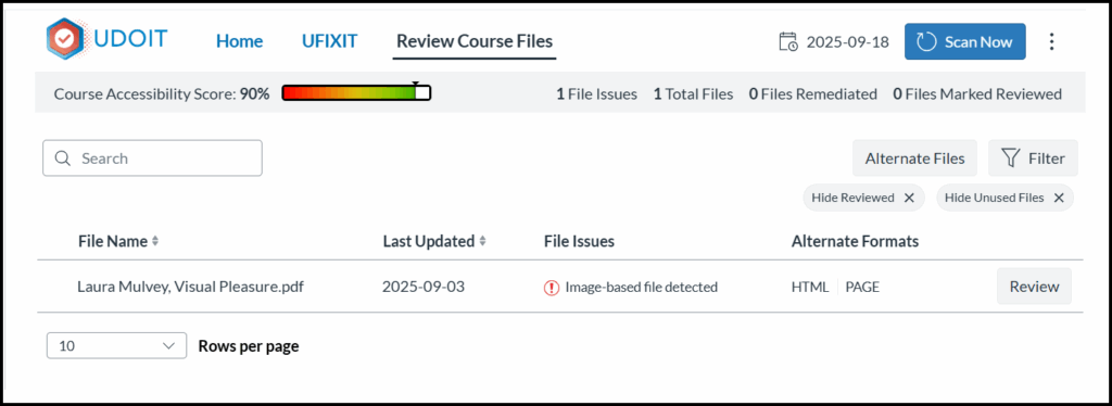A screenshot of the UDOIT "Review Course Files" tab displays a course accessibility score of 90% alongside a summary noting "1 File Issues" and "1 Total Files." The main list shows a single entry for the file "Laura Mulvey, Visual Pleasure.pdf," which is flagged with a red warning icon and the issue description "Image-based file detected." The file row also displays a "Last Updated" date of 2025-09-03, lists available "Alternate Formats" as HTML and PAGE, and includes a "Review" button on the far right.