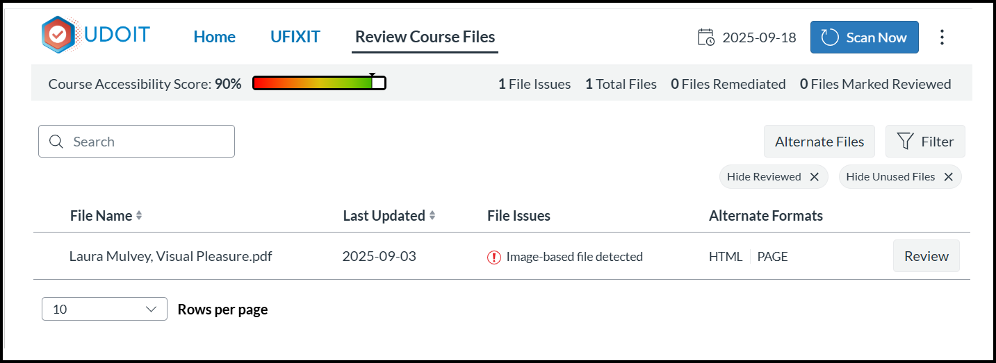 The Review Course Files page in UDOIT, showing one file that is image-based