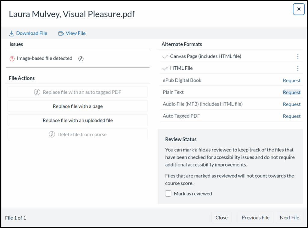 A screenshot of the UDOIT file remediation window for the document "Laura Mulvey, Visual Pleasure.pdf" displays a red alert for "Image-based file detected." The "File Actions" section on the left offers buttons to "Replace file with an auto tagged PDF," "Replace file with a page," "Replace file with an uploaded file," or "Delete file from course." The "Alternate Formats" section on the right lists options such as Canvas Page, HTML File, ePub, Plain Text, and Audio File, indicating which formats are available or need to be requested. Below this, a "Review Status" box contains a checkbox to "Mark as reviewed," and navigation buttons for "Previous File" and "Next File" are located at the bottom right.