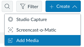 Screenshot of where users can click +Create and choose Add Media within Canvas Studio. 