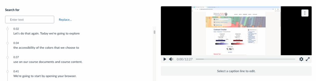 A screen displays captions and timings along the left, and a preview of the video along the right. 