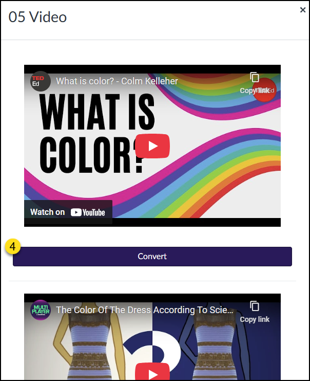 Click on the "Convert' button to migrated a YouTube video to Canvas Studio. Repeat for any remaining videos.
