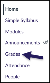 To get to the Canvas Gradebook, click on the "Grades" tab in the course navigation.