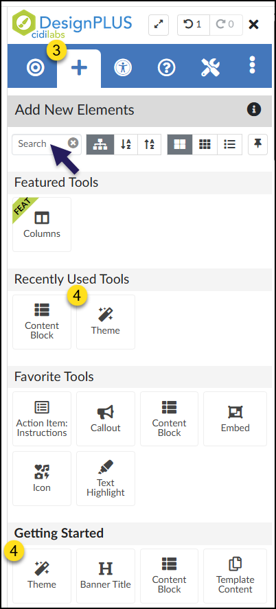 A screenshot of the DesignPLUS sidebar. The "Add New Elements" tab is open, displaying various tools for content creation. Under the "Getting Started" heading at the bottom of the sidebar, the "Theme" button is visible. A search bar is located near the top of the sidebar.