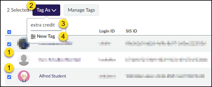 To tag students with Differentiated Tags, place a checkmark next to student names on the "People" page, and then click the "Tag As" button. Select the name of the tag you previously created.