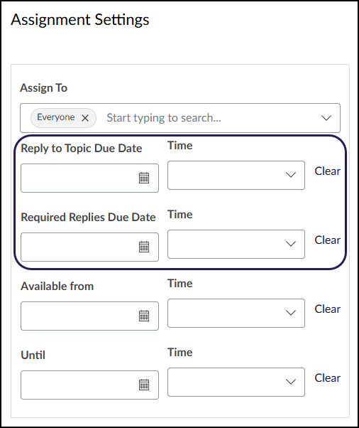When Discussion Checkpoints are enabled for a Discussion topic, the "Assignment Settings" section has two new fields: "Reply to Topic Due Date" and "Required Replies Due Date". Each of these fields allow for a date and time input.