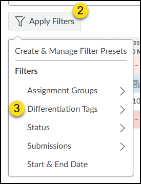 To filter your Gradebook by Differentiation Tags, click on the "Apply Filters" button, and then click on the "Differentiation Tags" option. Select the Differentiation Tag you created via the "People" page of your course.