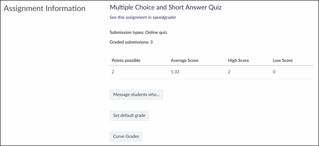 The "Assignment Information" section of the Individual Gradebook view displays the name of the assignment and allows you to manage settings and view information for the entire assignment.
