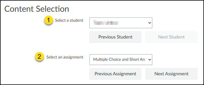 Use the "Select a student" and "Select an assignment" drop-down lists to select an individual student and the name of an assignment in the course.