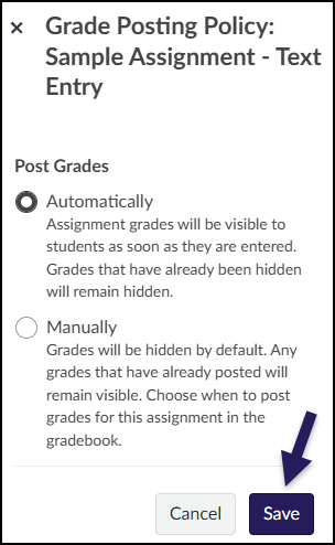 Select either to post grades "Automatically" or "Manually", and then click the "Save" button.