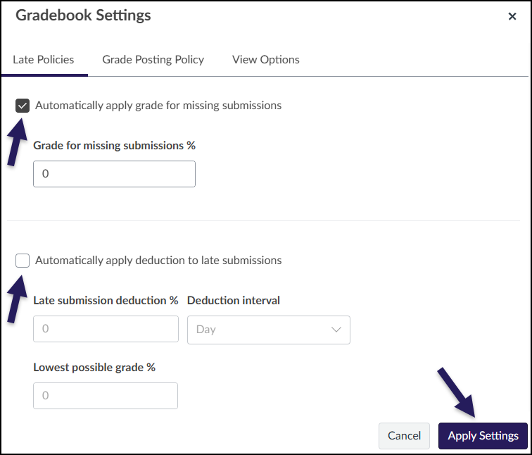 Gradebook "Late Policies" allow you to automatically apply a grade for missing submissions and/or automatically apply deductions to late submissions.