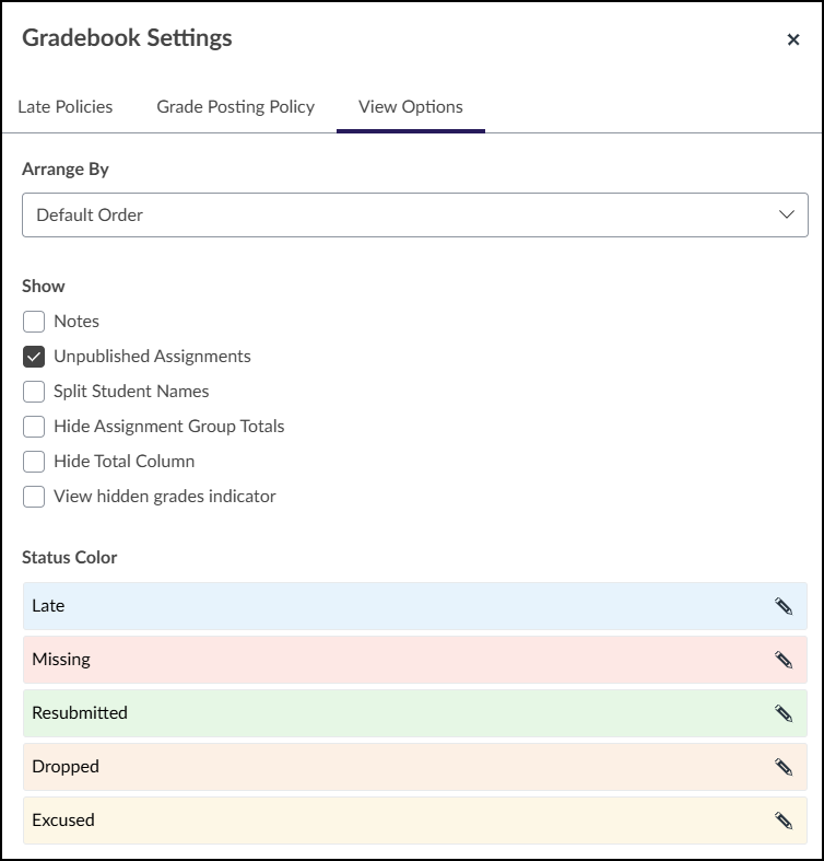 The Gradebook Settings screen allows you to arrange columns, show or hide various options, and set the status color of labels.
