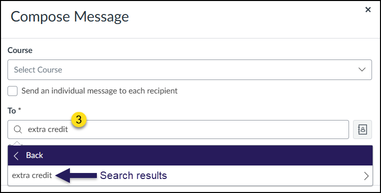 When composing a new message in the Canvas Inbox, type in the name of your Differentiation Tag in the "To" box, and Canvas will find it in the search results.