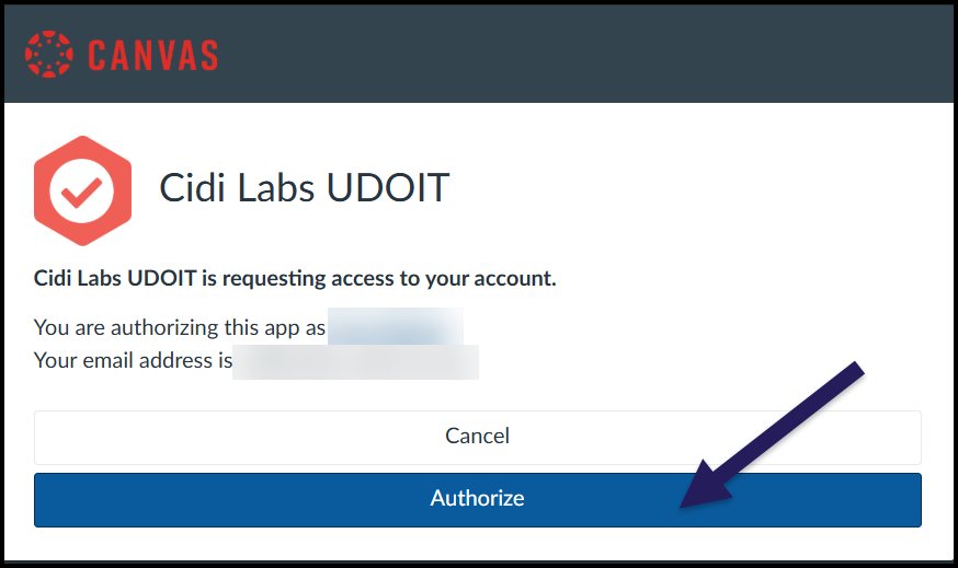 The authorization screen for UDOIT, with Authorize indicated