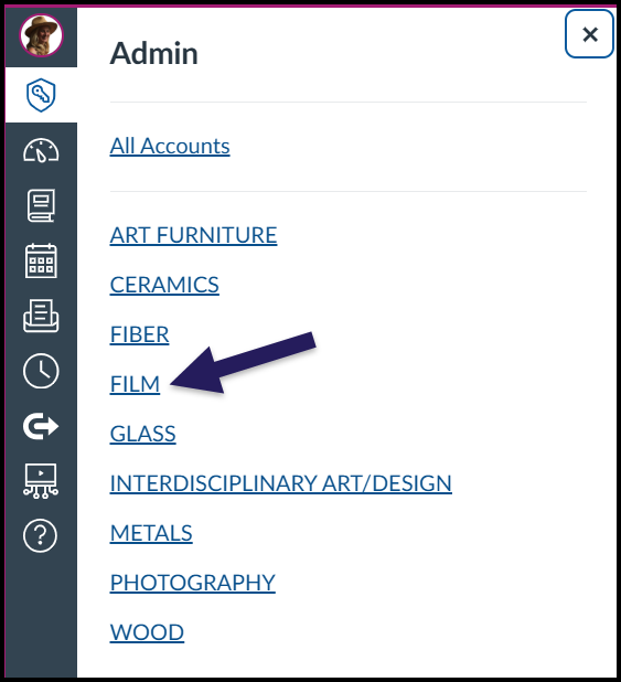 The Admin tab opened, with an arrow indicating the subaccount called FILM