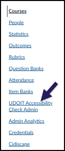 The subaccount navigation with UDOIT Accessibility Check Admin indicated