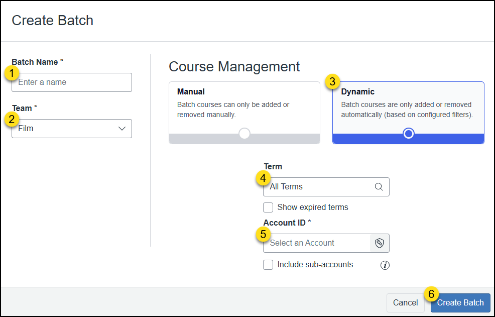 This screenshot from the Cidi Labs Cidiscape interface shows the "Create Batch" screen with the "Dynamic" course management option selected. On the left, input fields for "Batch Name" (empty) and "Team" (set to "Film") are visible. Under "Course Management," "Dynamic" is highlighted, and two new sections have appeared below it: "Term," with a dropdown pre-selected to "All Terms" and a checkbox for "Show expired terms," and "Account ID," with a dropdown showing "Select an Account" and a checkbox for "Include sub-accounts." At the bottom right, "Cancel" and "Create Batch" buttons are present.