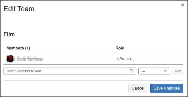 This screenshot displays the "Edit Team" modal within the Cidi Labs Cidiscape tool, showing "Film" as the selected team. It lists one existing member, whose profile picture and name are blurred, with the role "Is Admin." Below this, there's a section to add new members, featuring a "Select Member to Add" dropdown with a search icon, a "Role" dropdown (currently showing "--"), and an "Add" button. At the bottom of the modal, there are "Cancel" and "Save Changes" buttons.
