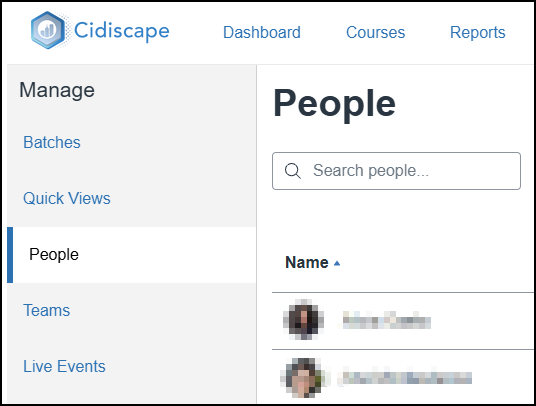 A screenshot from the Cidi Labs Cidiscape tool shows the "People" management page. On the left sidebar, "People" is highlighted under the "Manage" section, with other options like "Batches," "Quick Views," "Teams," and "Live Events" visible. The main content area is titled "People" and features a search bar labeled "Search people..." followed by a list of names, partially blurred for privacy.