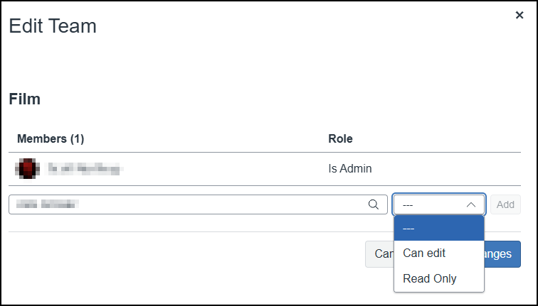 This screenshot from the Cidi Labs Cidiscape tool shows the "Edit Team" modal for the "Film" team. One existing member is listed as "Is Admin." Below that, a new member's blurred name and profile picture are shown in the "Select Member to Add" field. The "Role" dropdown for this new member is open, displaying options: " --", "Can edit", and "Read Only". The "Add" button is visible to the right, and the "Cancel" and "Save Changes" buttons are partially obscured by the open dropdown list.