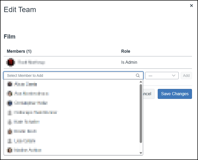 This screenshot from the Cidi Labs Cidiscape tool shows the "Edit Team" modal, specifically for the "Film" team. It displays one existing member with the role "Is Admin." The "Select Member to Add" dropdown list is open, revealing a list of potential new team members, each with a blurred profile picture and name. A scrollbar is visible on the right side of the dropdown, indicating more members are available. Below the dropdown, the "Role" dropdown and "Add" button are partially obscured by the open list, and the "Cancel" and "Save Changes" buttons are visible at the bottom of the modal.