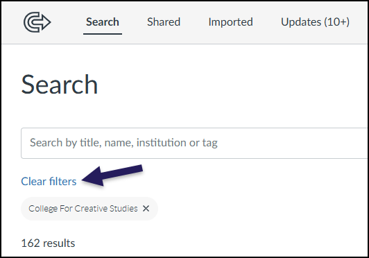 A screenshot of the Canvas Commons search interface. A purple arrow points to the "Clear filters" text link, which is located just above the list of currently applied filters.