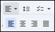 A screenshot of a text alignment menu. The dropdown is open, showing four alignment options represented by icons: Left Align (highlighted in blue), Center Align, Right Align, and Justify. Above this menu, other toolbar icons are partially visible, including line spacing and checklist options.