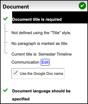 A screenshot of the Grackle accessibility checker, open to the 'Document' section. The 'Document title is required' check shows a green checkmark, but also displays an error: 'Not defined using the 'Title' style.' An 'Edit' button is present to fix the issue. Below this, the 'Document language' check has passed with a green checkmark.