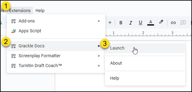A screenshot of a Google Docs menu showing how to launch Grackle Docs. The 'Extensions' menu is open, 'Grackle Docs' is selected, and a hand cursor is pointing to the 'Launch' option in the sub-menu.