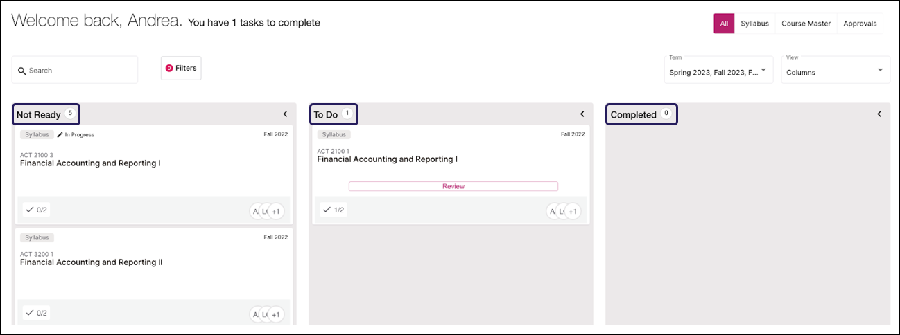 A screenshot of the Simple Syllabus dashboard, which organizes syllabi into a Kanban-style layout. The main area has three columns: "Not Ready" (showing two syllabus cards), "To Do" (showing one card), and "Completed" (which is empty). The top of the screen includes a welcome message, task count, search bar, and filter options.