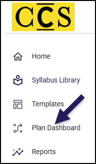 Screenshot of the Simple Syllabus navigation menu for the College for Creative Studies. A large purple arrow points to the 'Plan Dashboard' link, which has an icon of a diverging path. The full menu shown, in order from top to bottom, is 'Home,' 'Syllabus Library,' 'Templates,' 'Plan Dashboard,' and 'Reports.'