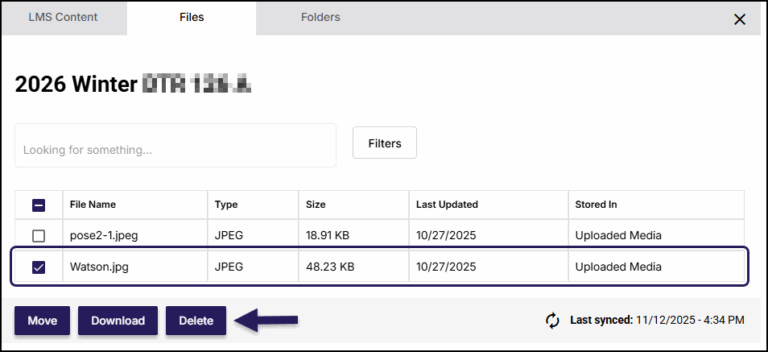 A screenshot of the Simple Prep Clean Up tool, showing a file management interface for a Canvas course. The interface has tabs for "LMS Content," "Files," and "Folders," with "Files" selected. Below the tabs, the course name is partially visible as "2026 Winter" followed by blurred text. A table lists two files, "pose2-1.jpeg" and "Watson.jpg," with "Watson.jpg" selected, highlighted, and checked. Action buttons for "Move," "Download," and "Delete" are at the bottom, and the "Last synced" time is visible in the corner.