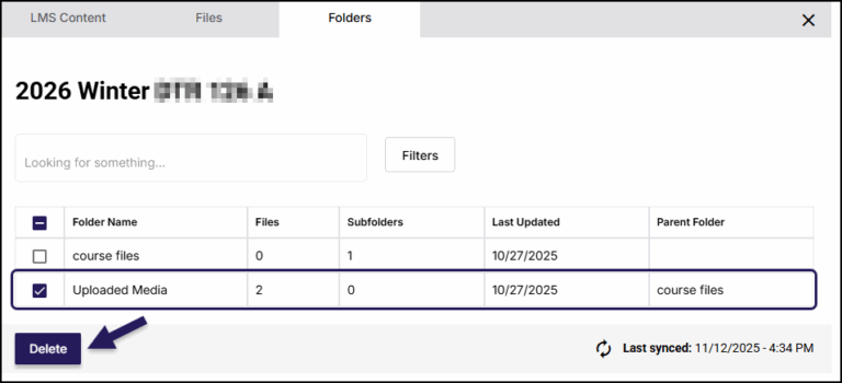 A screenshot of the Simple Prep Clean Up tool displays a file management interface showing folders within a Canvas course. The "LMS Content," "Files," and "Folders" tabs are visible, with the "Folders" tab active. Below this, the text "2026 Winter" is followed by blurred course information. A search bar and "Filters" button are present. A table lists two folders: "course files" and "Uploaded Media." "Uploaded Media" is selected, indicated by a checked checkbox and a purple highlight. It shows 2 files and 0 subfolders, with "course files" as its parent folder. At the bottom, a "Delete" button is highlighted by a purple arrow pointing to it, and the "Last synced" time is displayed.