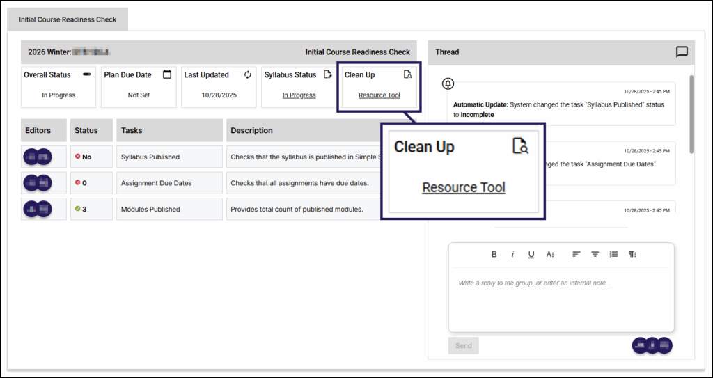 A screenshot of the Simple Syllabus Simple Prep interface, focusing on the "Initial Course Readiness Check" plan. The main focus is a table for the "2026 Winter" term, which displays columns for "Overall Status," "Syllabus Status," and "Clean Up." A large, dark purple arrow points directly to the "Resource Tool" button located in the "Clean Up" column. Below this, a second table lists tasks such as "Syllabus Published," "Assignment Due Dates," and "Modules Published," along with their current status ("No," "0," and "3," respectively). To the right of these tables is the "Thread" section, which shows recent activity updates and a text box for replies.