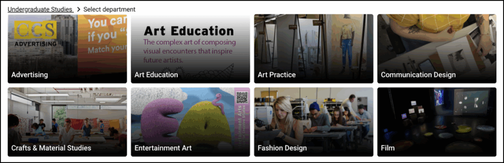 The Simple Syllabus 'Syllabus Library' interface, displaying department selection for 'Undergraduate Studies'. Breadcrumbs at the top read 'Undergraduate Studies > Select department'. Eight department cards are visible: 'Advertising', 'Art Education' (with a description 'The complex art of composing visual encounters that inspire future artists'), 'Art Practice', 'Communication Design', 'Crafts & Material Studies', 'Entertainment Art', 'Fashion Design', and 'Film'. Each card features a relevant background image.
