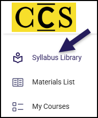 A navigation menu from the Simple Syllabus interface at the College for Creative Studies. A large purple arrow highlights the 'Syllabus Library' option, shown with an open book icon. Below it are 'Materials List' (icon of an open book with three lines on each page) and 'My Courses' (icon of two rows of a square with a line next to it).