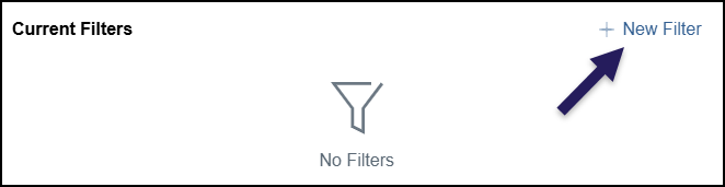 A close-up screenshot of the "Current Filters" section within the Quick View configuration screen. The main area displays an empty state represented by a gray funnel icon and the text "No Filters." A "+ New Filter" link is positioned near the top of the section, allowing users to add specific criteria to the view.