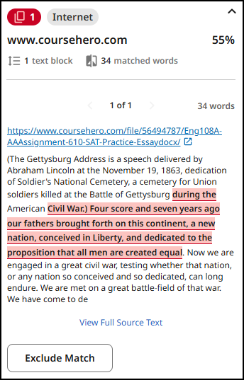 This screenshot of a Turnitin Similarity Report shows a student's paper, "Paragraph Assignment.docx," with a section highlighted in pink indicating potential plagiarism. The highlighted sentence reads: "during the Civil War. Four score and seven years ago our fathers brought forth on this continent, a new nation, conceived in Liberty, and dedicated to the proposition that all men are created equal." On the right side, a "55% Overall Similarity" panel is displayed, detailing that this 55% match comes from a single internet source, "www.coursehero.com." Expanding the source details reveals the full URL and a text snippet from the source document, which contains the exact same highlighted sentence found in the student's paper, confirming it is a direct match.