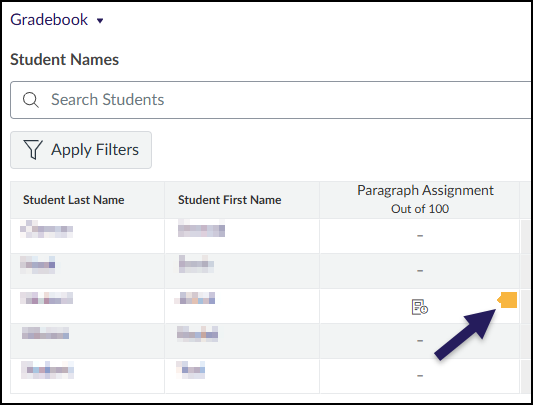A screenshot of the Canvas LMS Gradebook interface showing a list of students and a column for the "Paragraph Assignment." In the row for the third student, there is a submission icon alongside a small orange Turnitin similarity indicator, showing that the assignment has been submitted and a Turnitin report is available. The other students in the list have hyphens in this column, indicating no submissions.