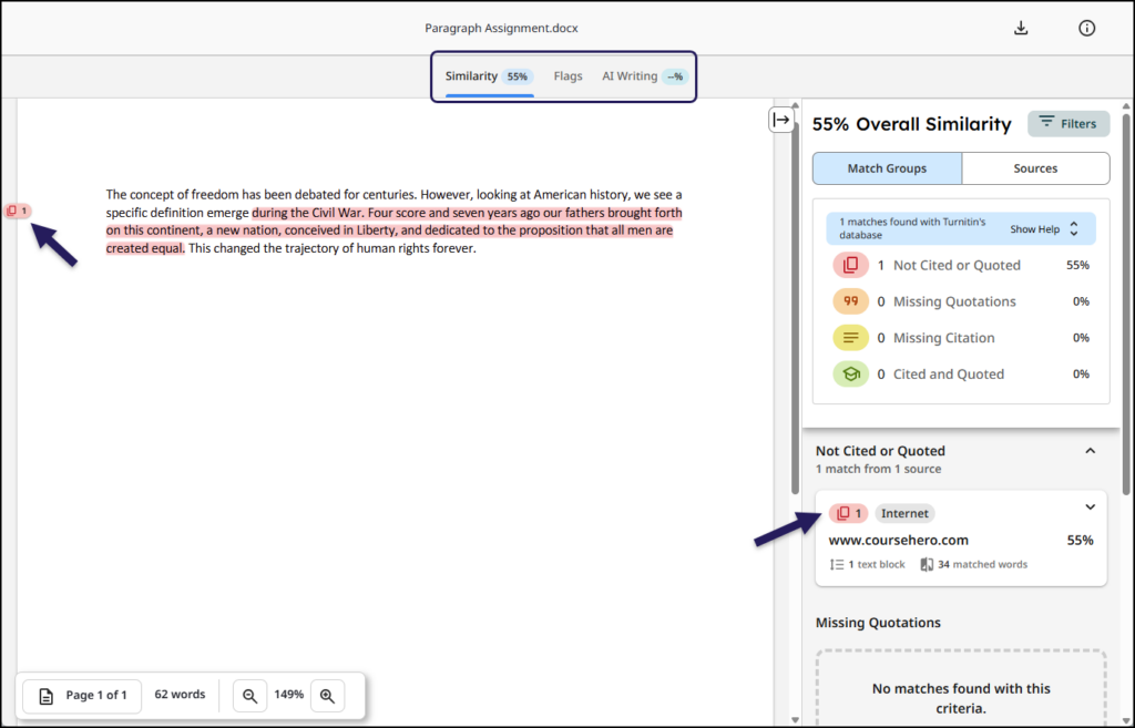 A screenshot of the Turnitin similarity report interface for the document "Paragraph Assignment.docx," displaying a prominent "55% Overall Similarity" score at the top and in the right sidebar. The document text on the left has a large section highlighted in pink, containing the text "Four score and seven years ago...", marked with the number "1" and indicated by an arrow. The right sidebar provides a breakdown of the matches, where an arrow points to the primary source listed under "Not Cited or Quoted": match "1" from the Internet source "www.coursehero.com," accounting for the entire 55% similarity.