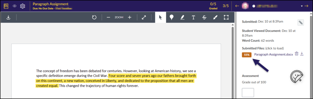 A screenshot of the Canvas SpeedGrader interface displaying a student's submission for the "Paragraph Assignment." The document viewer on the left shows the submitted text, with a large section containing the Gettysburg Address highlighted in yellow by Turnitin showing matched content. On the right sidebar, under submission details, an arrow points to an orange Turnitin score icon displaying "55%" next to the submitted file named "Paragraph Assignment.docx." The sidebar also lists the submission date and time, a word count of 62, and a field to enter a grade out of 100.