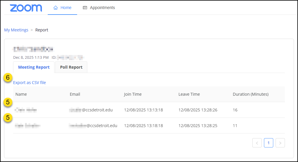 This is a screenshot of a Zoom "Meeting Report" page within the Canvas LMS for a meeting that occurred on "Dec 8, 2025 1:13 PM" with a blurred ID. At the top are "Meeting Report" and "Poll Report" tabs, with the "Meeting Report" selected. Below the tabs is a link to "Export as CSV file". A table lists the attendees with columns for "Name", "Email", "Join Time", "Leave Time", and "Duration (Minutes)". Two participants are listed with blurred names and emails ending in "@ccsdetroit.edu". The first participant joined at "12/08/2025 13:13:18", left at "12/08/2025 13:28:26", and had a duration of 16 minutes. The second participant joined at "12/08/2025 13:18:18", left at "12/08/2025 13:28:25", and had a duration of 11 minutes. At the bottom right are pagination controls with the number "1" highlighted.
