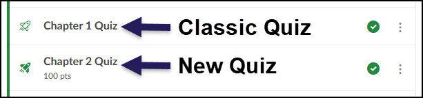 This screenshot from the Canvas LMS illustrates the visual difference between quiz icons. An entry for "Chapter 1 Quiz" is identified by a large label as a "Classic Quiz," featuring an icon that is an outline of a rocket ship. Below it, an entry for "Chapter 2 Quiz" is identified by a label as a "New Quiz," featuring an icon that is a solid, filled-in rocket ship shape. Both quizzes are marked as published.