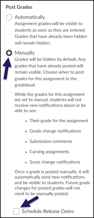 The Canvas LMS "Post Grades" settings panel shows the "Manually" radio button selected, which ensures grades and notifications remain hidden from students until explicitly posted by the instructor. An arrow points to the selected "Manually" option, while another arrow at the bottom of the menu highlights the "Schedule Release Dates" checkbox, which is currently unselected. The descriptive text between these options explains that while in manual mode, students will not see their assignment grades, submission comments, or score change notifications.