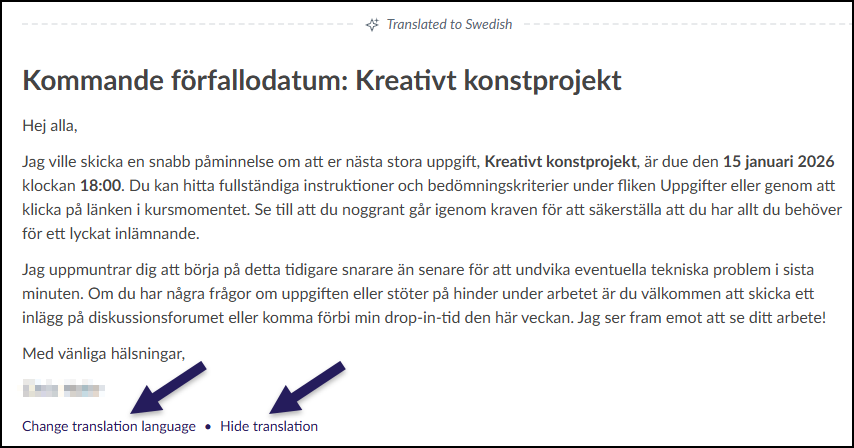 A screenshot showing a Canvas course announcement that has been translated into Swedish, indicated by the header "Translated to Swedish". The body of the announcement is presented in Swedish text. Below the announcement text, two dark purple arrows point to options for managing the translation: a link to "Change translation language" and a link to "Hide translation".