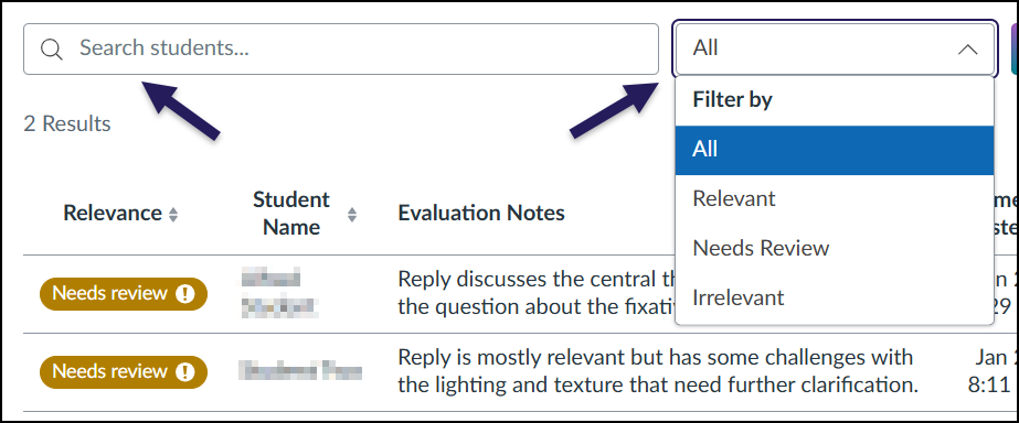 A screenshot of the discussion insights interface in Canvas showing search and filter options. On the left, a purple arrow points to a search bar labeled "Search students..." used for locating specific individuals. On the right, a second purple arrow highlights an expanded dropdown menu labeled "Filter by," which displays options to sort results by "All," "Relevant," "Needs Review," or "Irrelevant." Below these controls, a list of student entries is visible with corresponding relevance badges and evaluation notes.