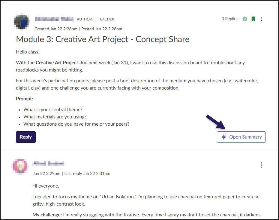 A screenshot of a discussion board within the Canvas LMS featuring a teacher's post titled "Module 3: Creative Art Project - Concept Share." The instructor's prompt asks students to troubleshoot roadblocks for the project due on January 31st by posting a brief description of their chosen medium, their central theme, and one challenge they are currently facing. At the bottom right corner of the post, a purple arrow points to a button labeled "Open Summary" with a sparkle icon, which is used to activate the IgniteAI tool.
