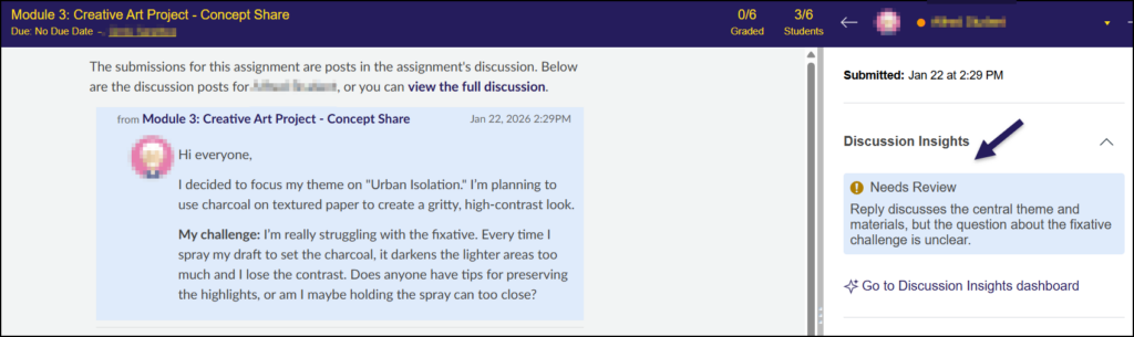 A screenshot of the SpeedGrader interface in Canvas. The main pane on the left displays the student's submitted discussion post. On the right-hand grading sidebar, a purple arrow highlights the "Discussion Insights" section, which contains the AI-generated evaluation status (e.g., "Needs Review") and a summary note, located just above the link to the "Discussion Insights dashboard."