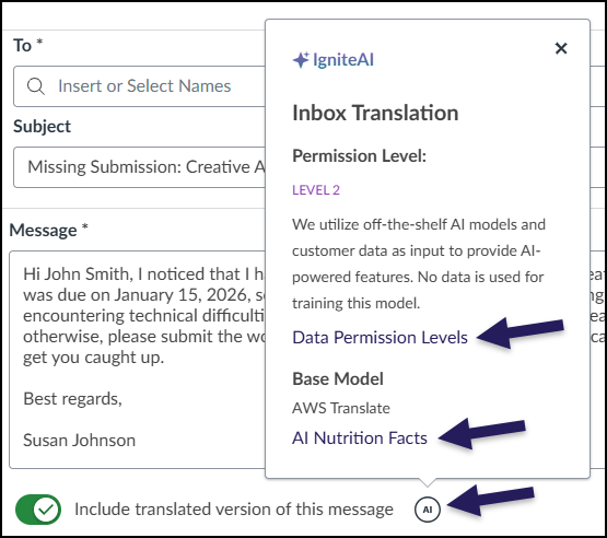 A screenshot of the Canvas Inbox showing the IgniteAI pop-up. The pop-up appears when the small "AI" icon next to the "Include translated version of this message" toggle is clicked. Inside the pop-up, the title "IgniteAI Inbox Translation" is displayed, along with information about the "Permission Level" (LEVEL 2) and "Base Model" (AWS Translate). It also explains that off-the-shelf AI models are used and no data is used for training. There are links for "Data Permission Levels" and "AI Nutrition Facts." A purple arrow points to the "AI" icon, and two more arrows point to the "Data Permission Levels" and "AI Nutrition Facts" links within the pop-up.