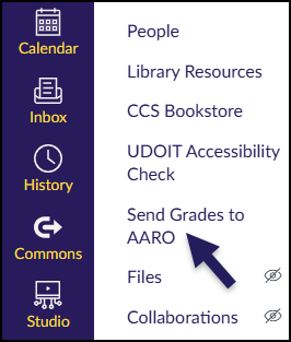 This is a partial screenshot of the Canvas LMS interface, displaying the dark purple global navigation bar on the far left with icons for Calendar, Inbox, History, Commons, and Studio. Directly to its right is the white course navigation menu, listing links for People, Library Resources, CCS Bookstore, UDOIT Accessibility Check, Send Grades to AARO, Files, and Collaborations. A prominent purple arrow points specifically to the "Send Grades to AARO" link. The "Files" and "Collaborations" links are accompanied by crossed-out eye icons, indicating these items are hidden from students.